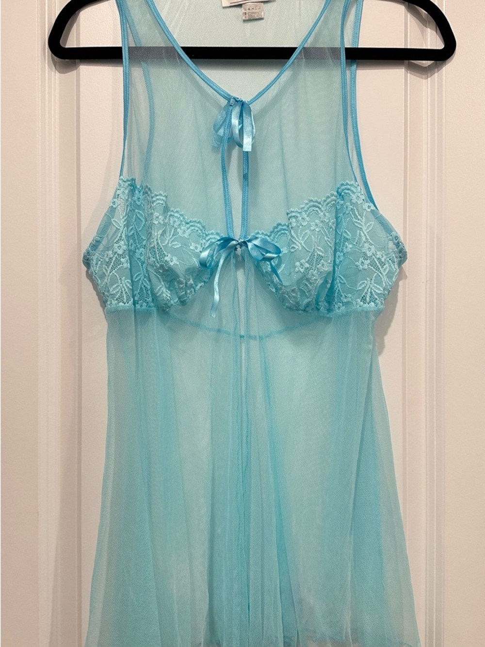 Vintage Sheer Lace Babydoll Chemise in Aqua Blue with Satin Bows